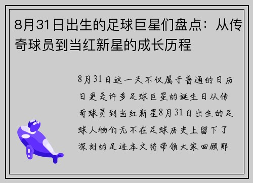 8月31日出生的足球巨星们盘点：从传奇球员到当红新星的成长历程