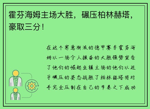 霍芬海姆主场大胜，碾压柏林赫塔，豪取三分！